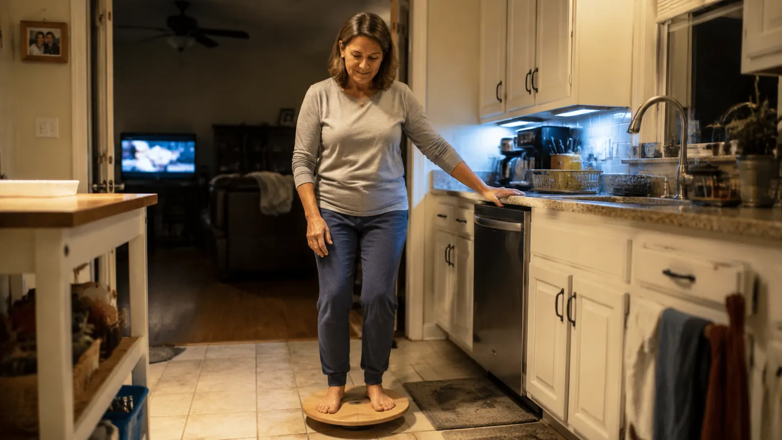A woman standing on a wooden balance board near a kitchen counter with one hand resting on the edge for support