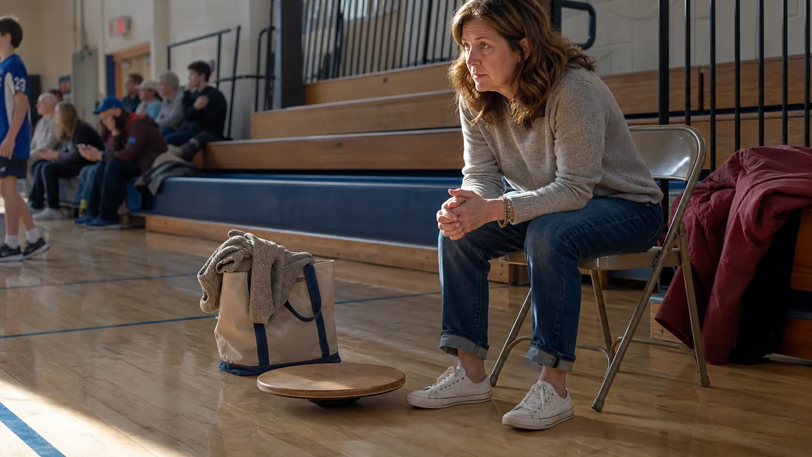 A wooden balance board sitting on a gym floor next to a folding chair and a tournament bag before a wrestling match