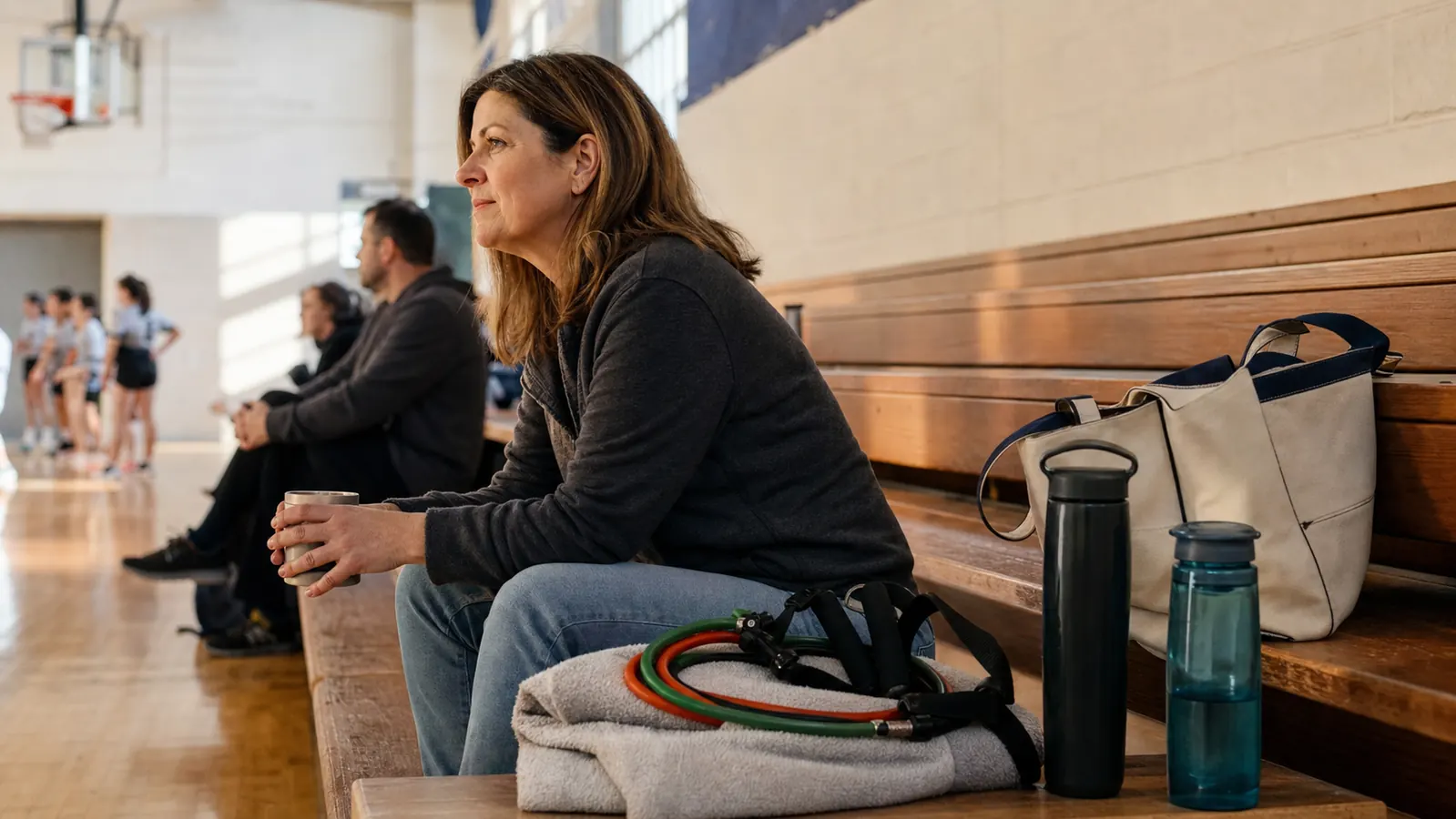 A set of resistance bands with handles laid out on a gym bleacher next to a tournament bag before a volleyball match