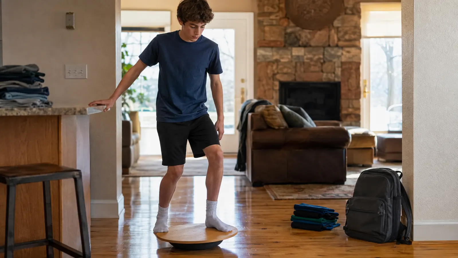 Teenage boy balancing on a wooden wobble board in a living room next to a kitchen counter, morning light through the window
