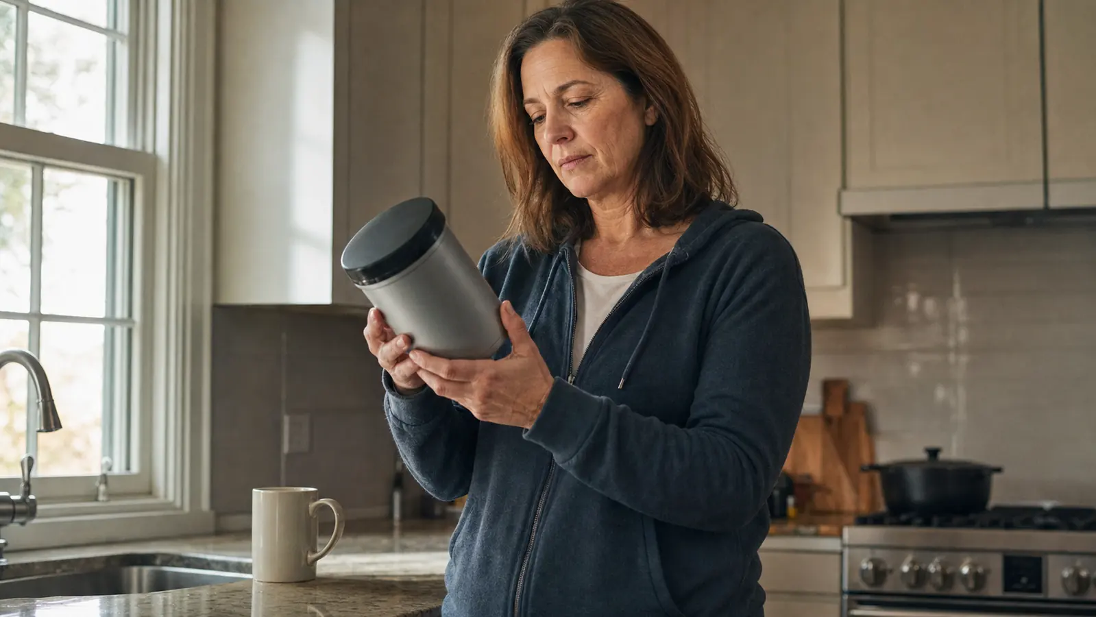 A mom in a home kitchen reading the label on a supplement tub in the early morning light