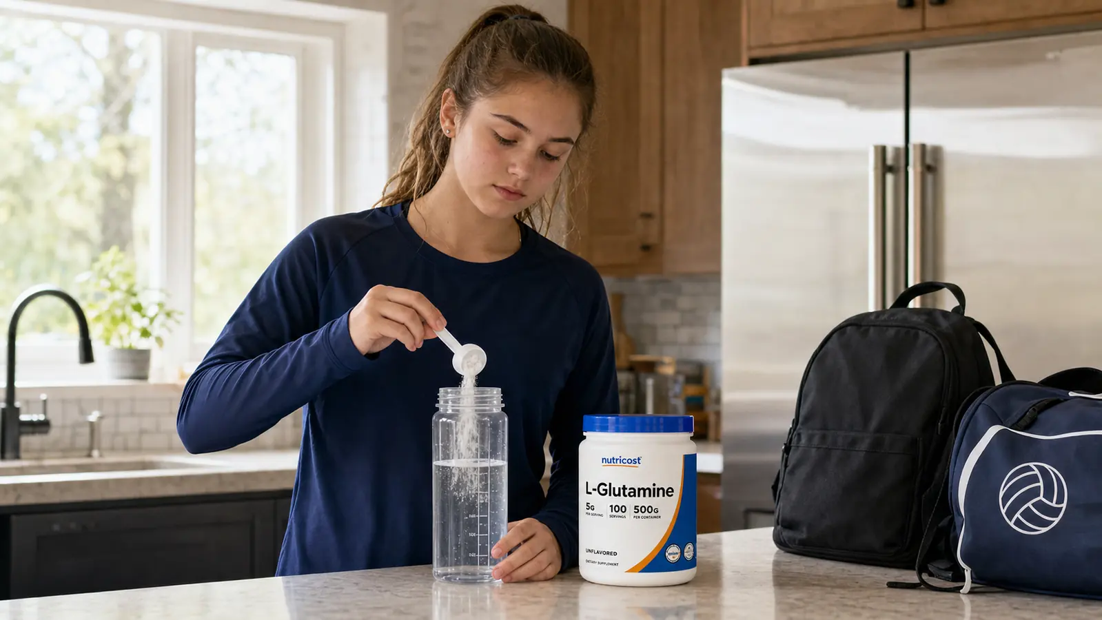 A teenage girl in a volleyball uniform stirring a scoop of powder into her water bottle at the kitchen counter before leaving for a tournament