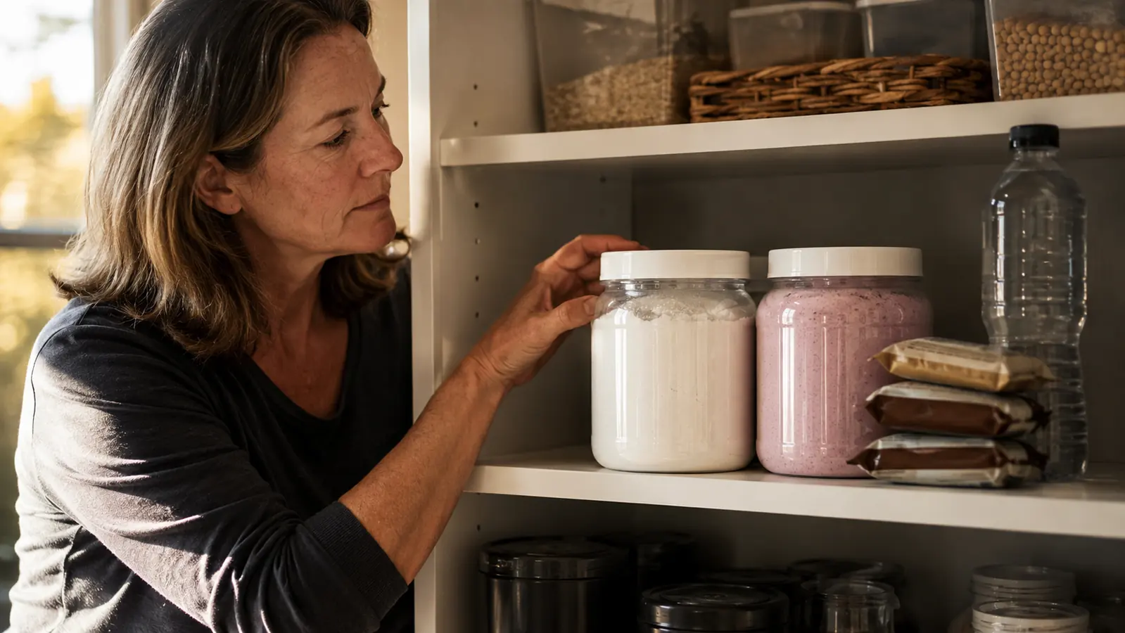 Pantry shelf with an unflavored powder jar and a flavored powder tub sitting side by side next to a stack of protein bars