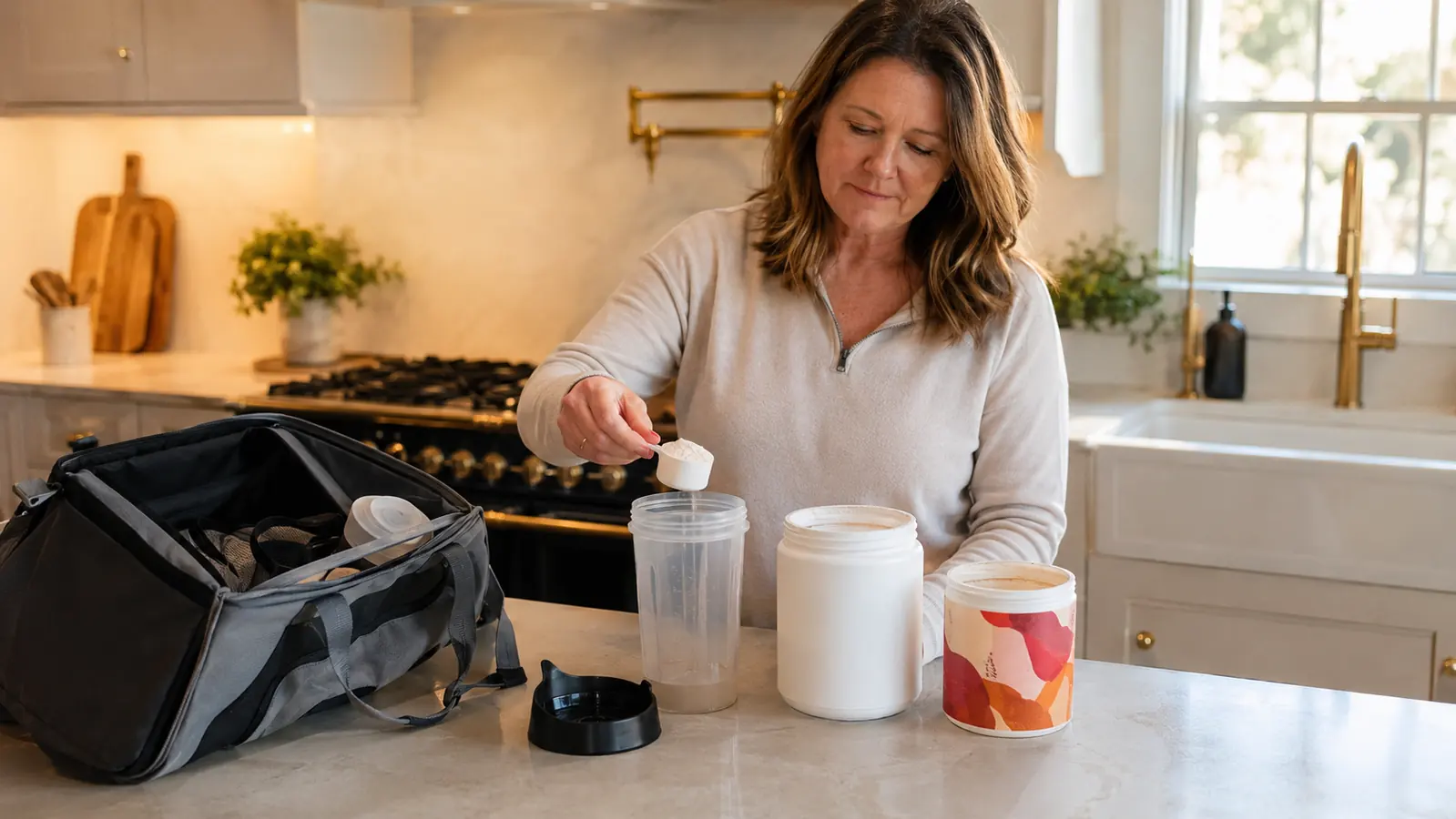 Kitchen counter tournament bag with a shaker bottle next to a plain unflavored powder jar and a flavored sports powder tub