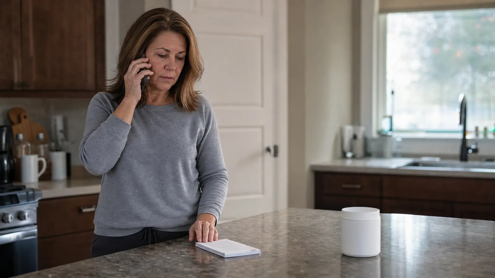 A woman at a kitchen counter in the morning holding a phone to her ear with an unopened tub of powder sitting untouched off to the side