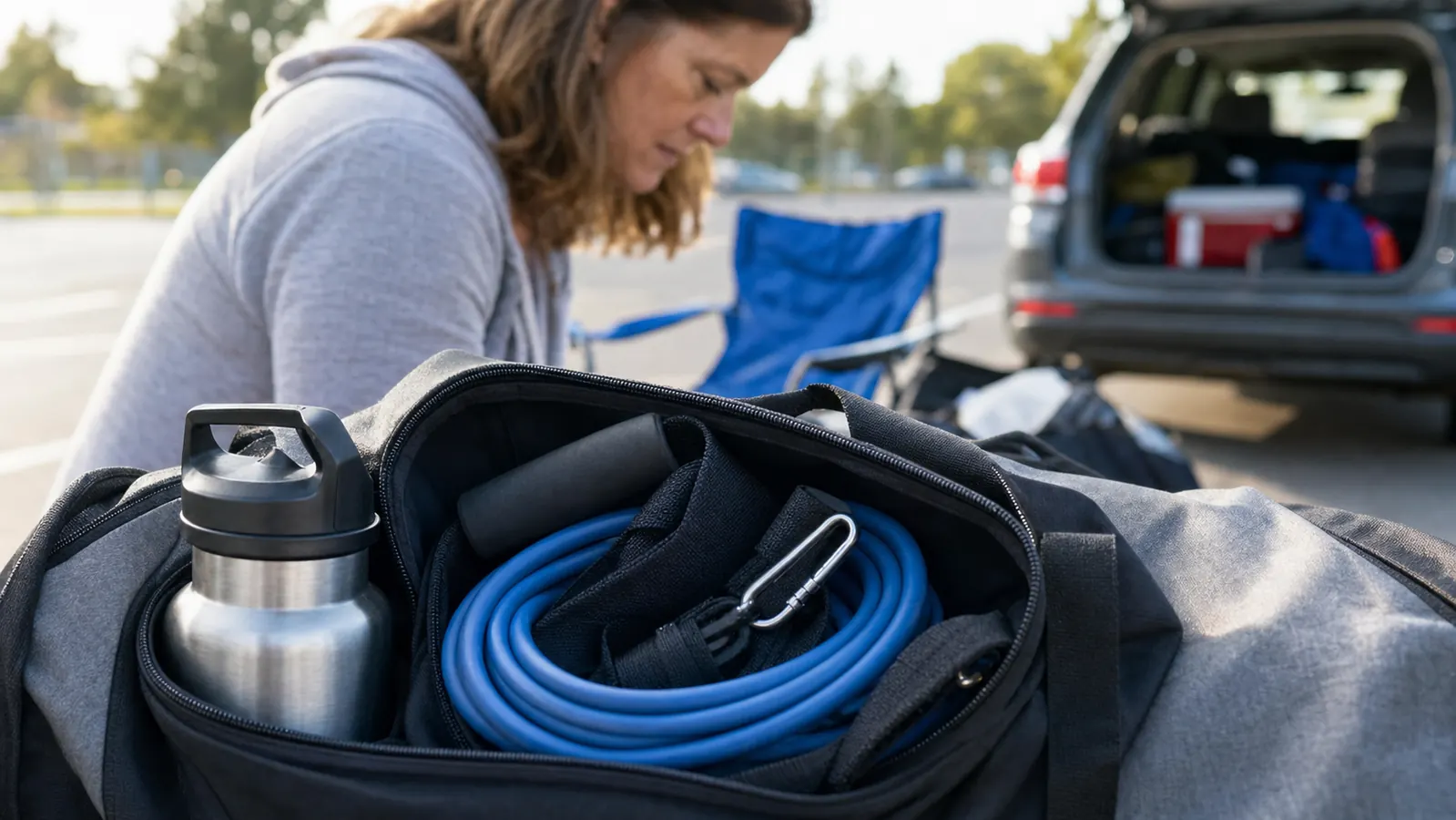 A resistance band with handles and ankle straps packed neatly into a side pocket of a tournament duffel bag