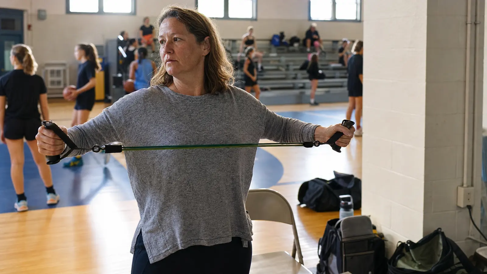 A teenage athlete pulling apart a resistance band with handles in a gym corner before a match