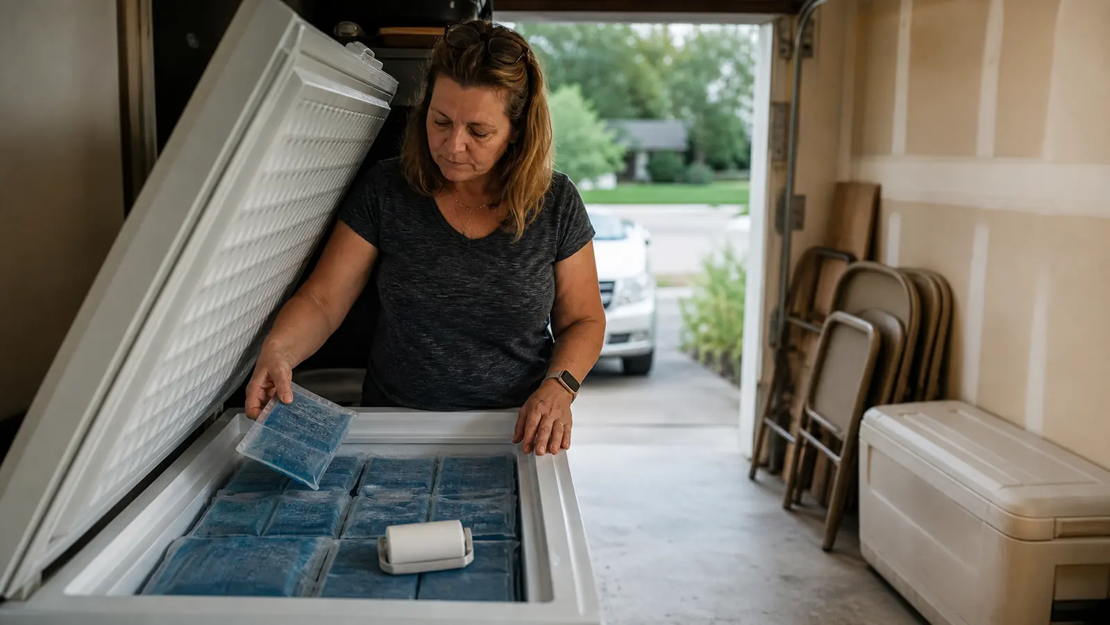 Open chest freezer in a garage half filled with stacked gel ice packs and a small ice roller resting on top