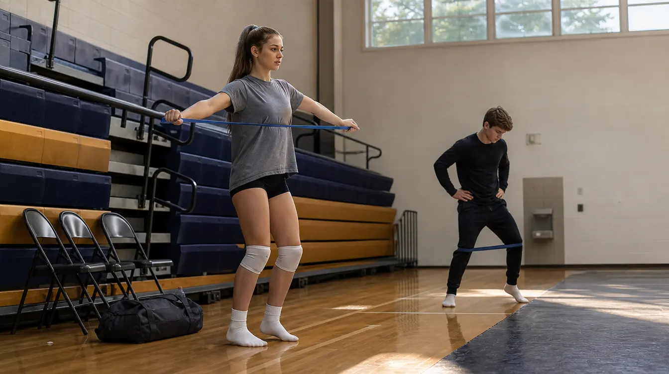 Two teenage athletes doing a pregame shoulder and hip warm up with a resistance band on the sideline of a rec center gym
