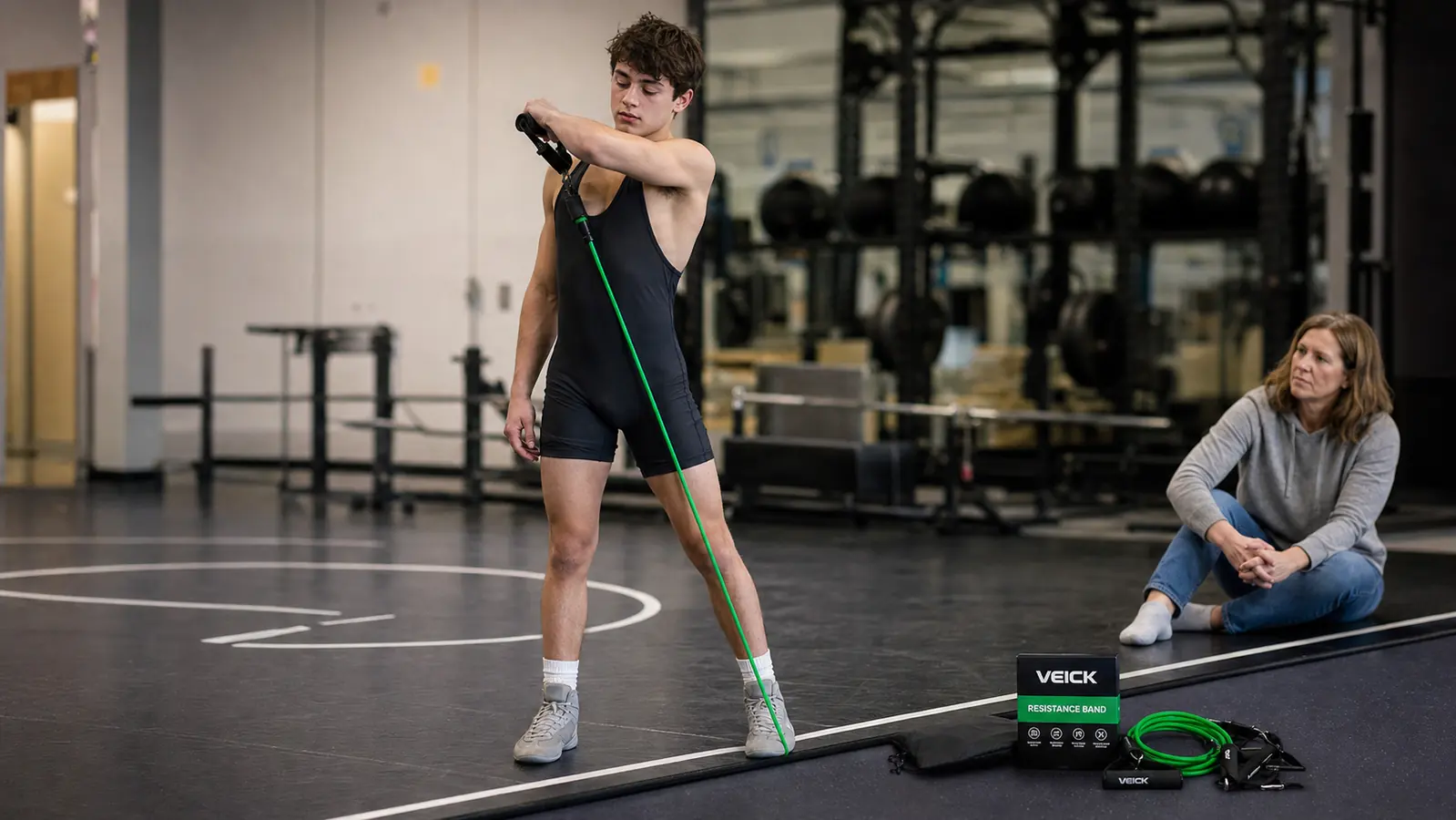 A teenage wrestler pulling a resistance band with a molded handle across his chest while warming up his shoulder before practice