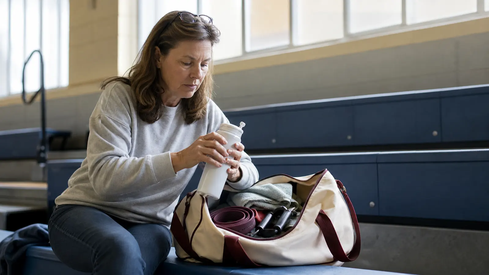 Open gym duffel bag on a rec center bench with a flat stretch strap and a resistance band with molded handles both tucked inside
