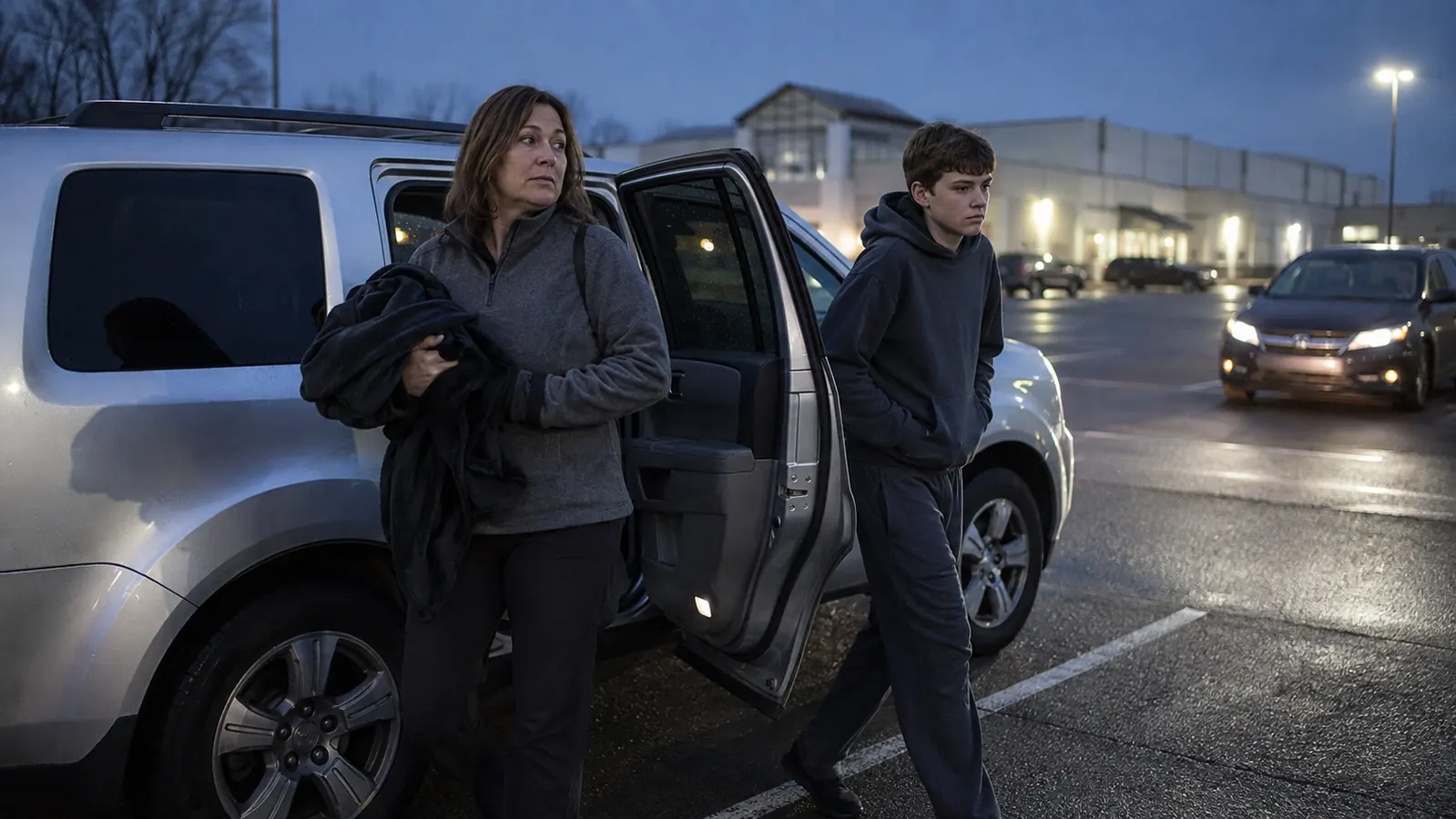 Mother and teenage son standing in a dim rec center parking lot before dawn on an early wrestling weigh in morning