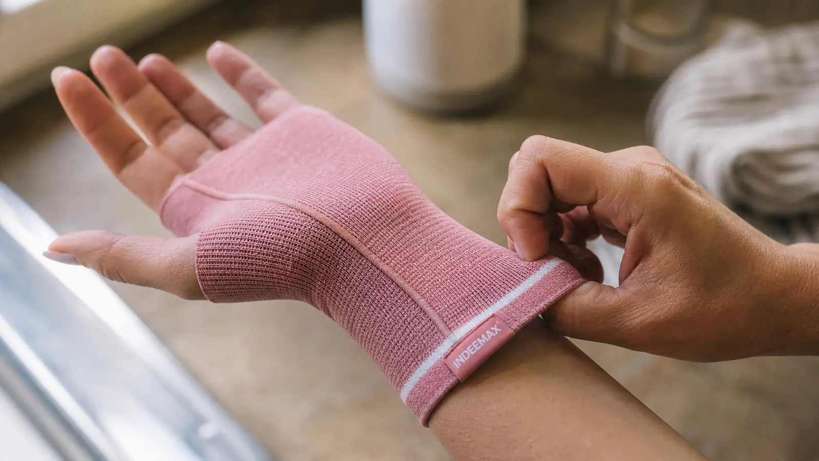 A hand pulling a black copper toned wrist compression sleeve onto the other wrist over a kitchen counter
