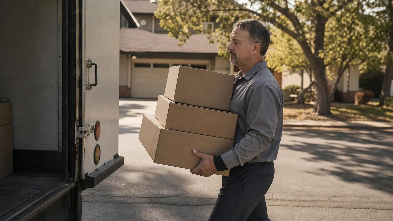 A delivery driver's hand gripping a stack of cardboard boxes, a dark compression sleeve visible under his shirt cuff in warm afternoon light