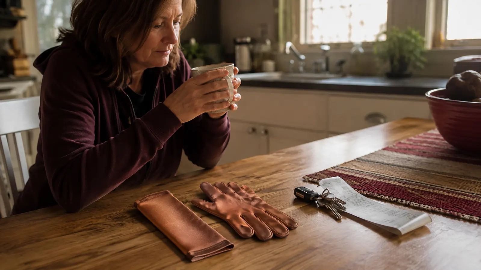 A copper wrist compression sleeve and a pair of copper compression gloves laid side by side on a kitchen table next to a set of car keys